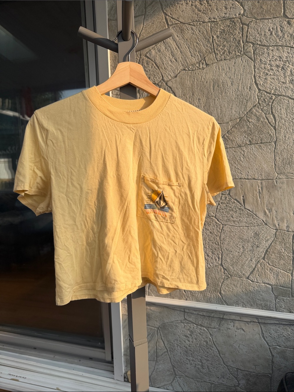 Volcom Yellow Crewneck Tee with Striped Trim
